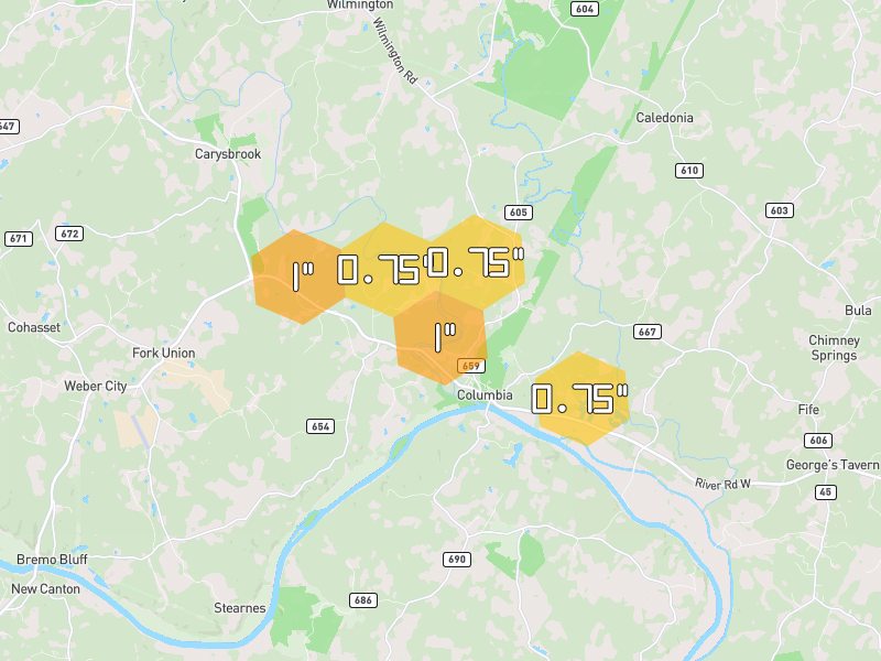 Hail map of Fork Union, VA on Jul 21, 2026, hail up to 1"