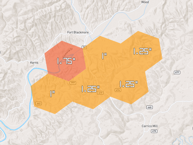 Hail map of Fort Blackmore, VA on Jul 4, 2026, hail up to 1.75"