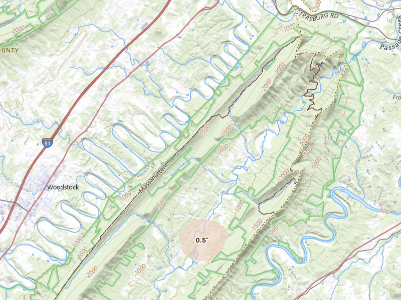 Radar-estimated hail-size map of the storm over Fort Valley, VA on May 20, 2026