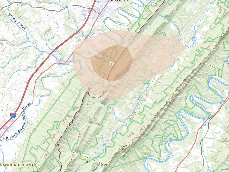 Radar-estimated hail-size map of the storm over Fort Valley, VA on Aug 10, 2026