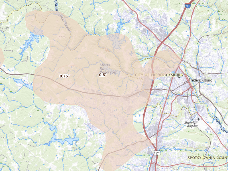 Radar-estimated hail-size map of the storm over Fredericksburg, VA on Jun 12, 2026