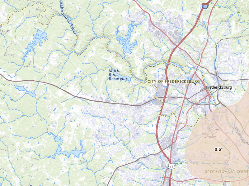 Radar-estimated hail-size map of the storm over Fredericksburg, VA on Jul 4, 2026