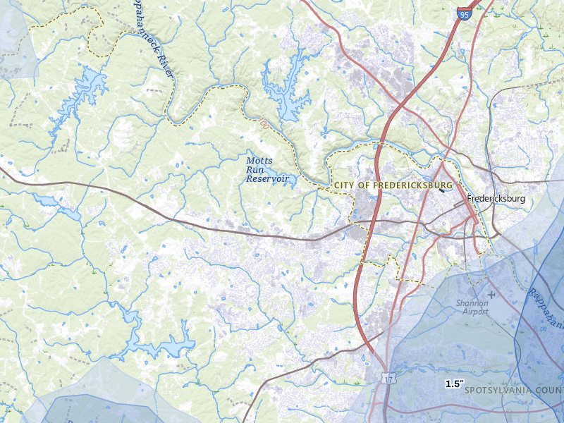 NEXRAD radar-signature map of the hail over Fredericksburg, VA