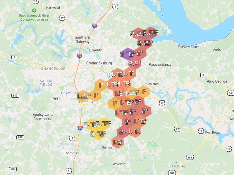 Hail map of Fredericksburg, VA on Jul 4, 2026, hail up to 2.75"