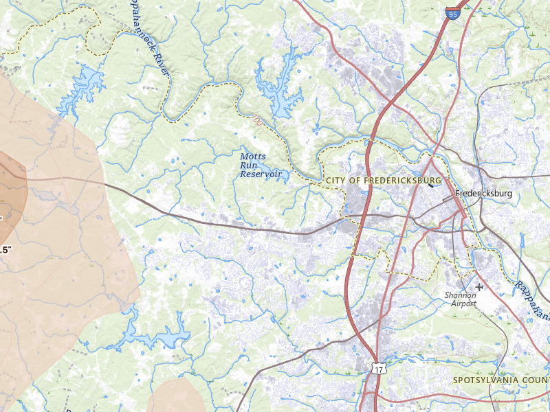 Radar-estimated hail-size map of the storm over Fredericksburg, VA on Jul 5, 2026