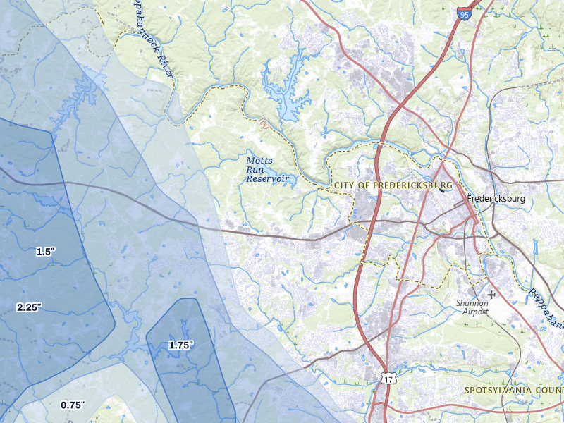 NEXRAD radar-signature map of the hail storm over Fredericksburg, VA on Jul 5, 2026