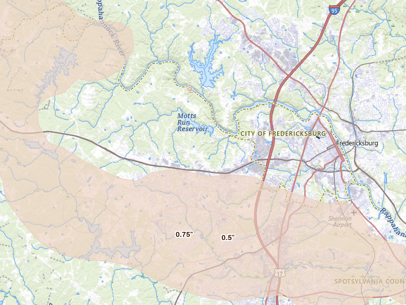 Radar-estimated hail-size map of the storm over Fredericksburg, VA on Jul 28, 2026