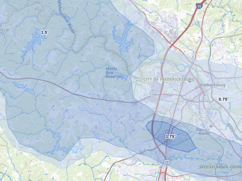 NEXRAD radar-signature map of the hail storm over Fredericksburg, VA on Jul 28, 2026