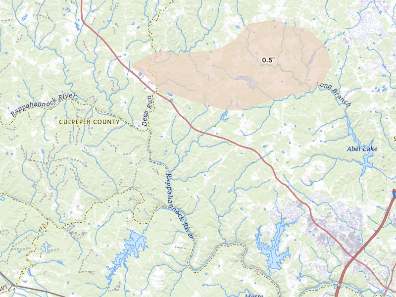 Radar-estimated hail-size map of the storm over Fredericksburg, VA on Aug 8, 2026