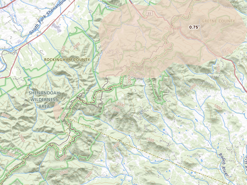 Radar-estimated hail-size map of the storm over Free Union, VA on Jun 12, 2026