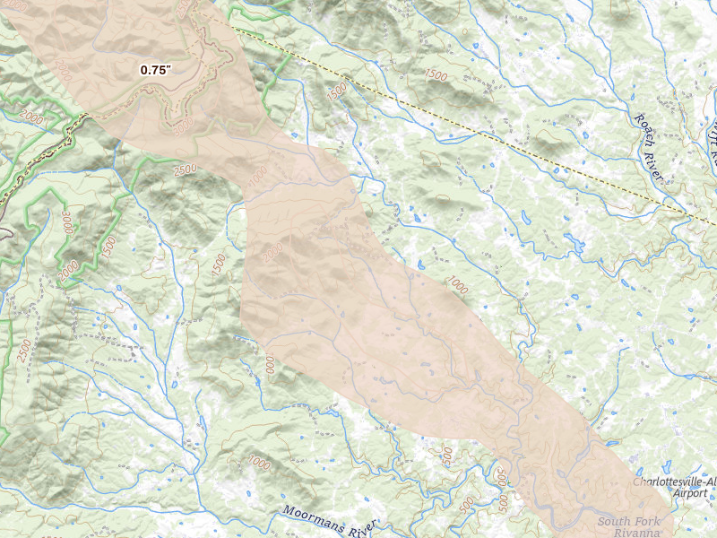 Radar-estimated hail-size map of the storm over Free Union, VA on Aug 14, 2026