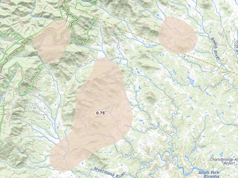 Radar-estimated hail-size map of the storm over Free Union, VA on Aug 22, 2026