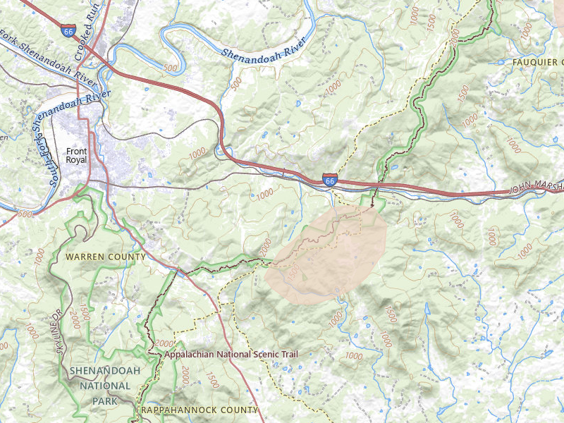 Radar-estimated hail-size map of the storm over Front Royal, VA on May 20, 2026