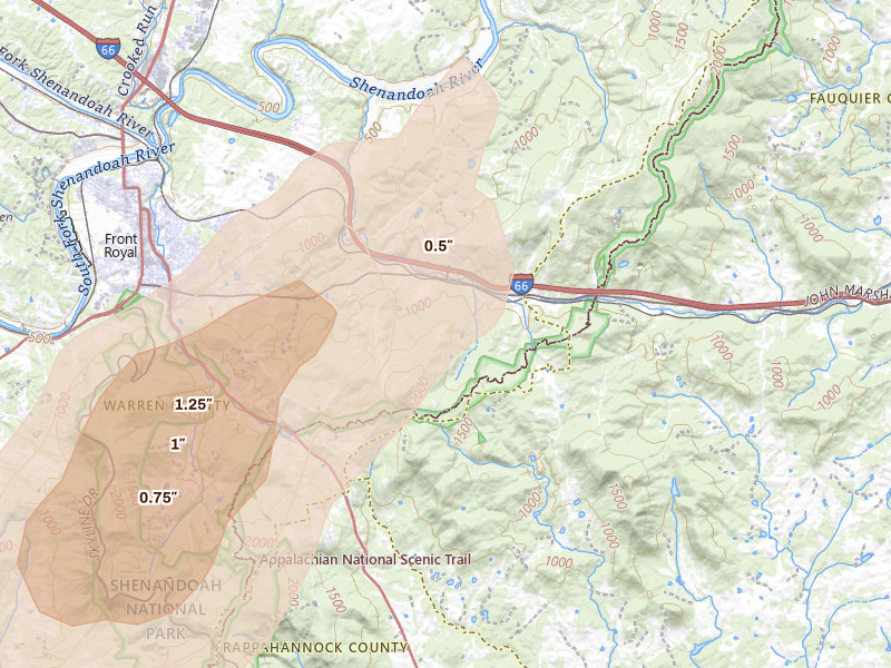 Radar-estimated hail-size map of the storm over Front Royal, VA on Jul 4, 2026