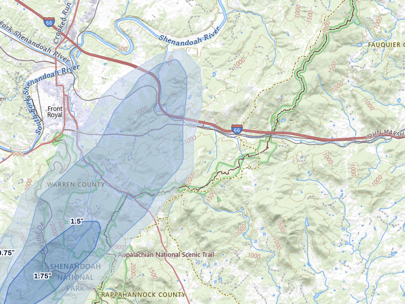 NEXRAD radar-signature map of the hail over Front Royal, VA