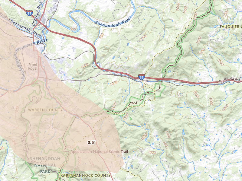 Radar-estimated hail-size map of the storm over Front Royal, VA on Jul 28, 2026