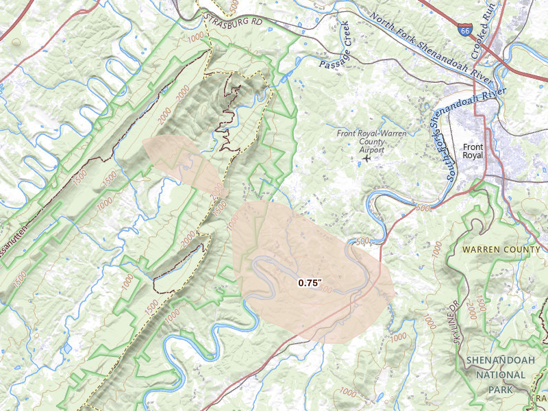 Radar-estimated hail-size map of the storm over Front Royal, VA on Aug 27, 2026