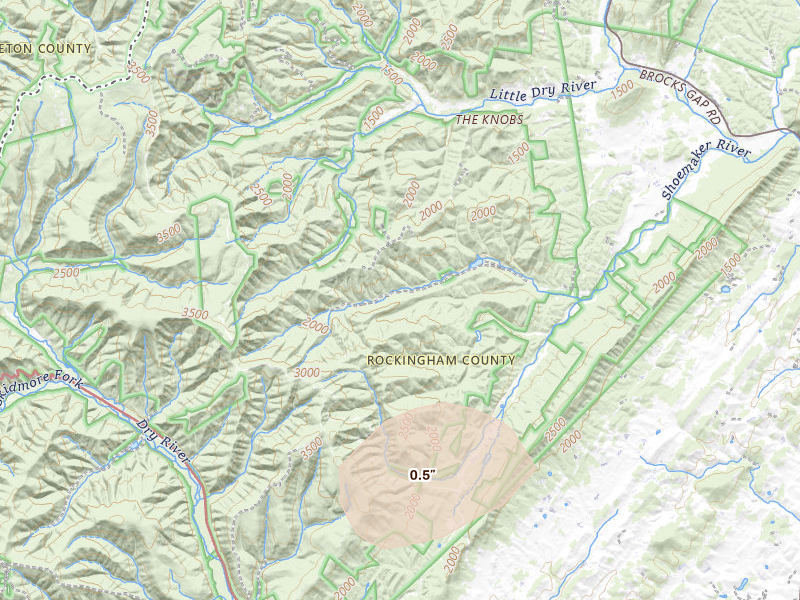 Radar-estimated hail-size map of the storm over Fulks Run, VA on Aug 22, 2026