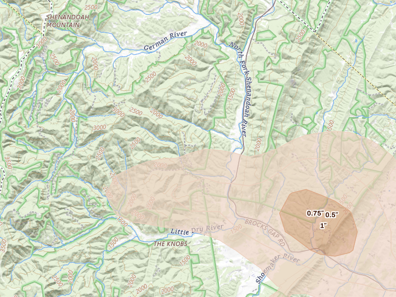 Radar-estimated hail-size map of the storm over Fulks Run, VA on Aug 27, 2026