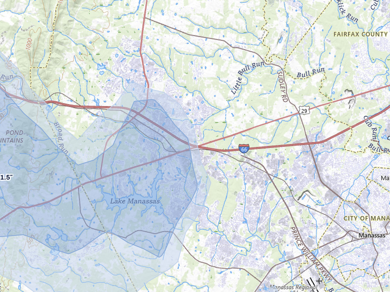 NEXRAD radar-signature map of the hail storm over Gainesville, VA on May 27, 2026