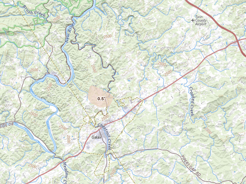 Radar-estimated hail-size map of the storm over Galax, VA on Jun 12, 2026