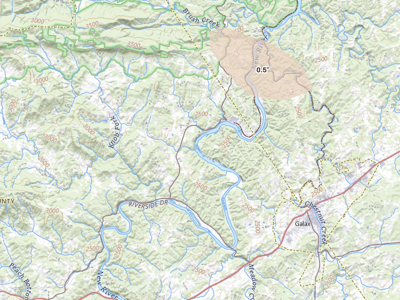 Radar-estimated hail-size map of the storm over Galax, VA