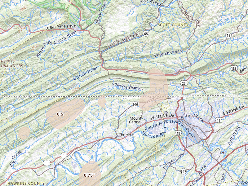 Radar-estimated hail-size map of the storm over Gate City, VA on Jun 29, 2026