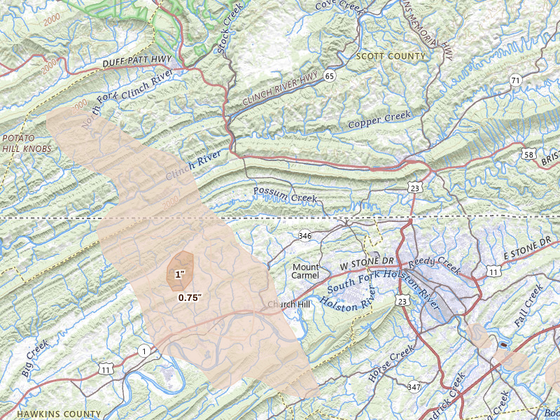 Radar-estimated hail-size map of the storm over Gate City, VA on Jul 28, 2026