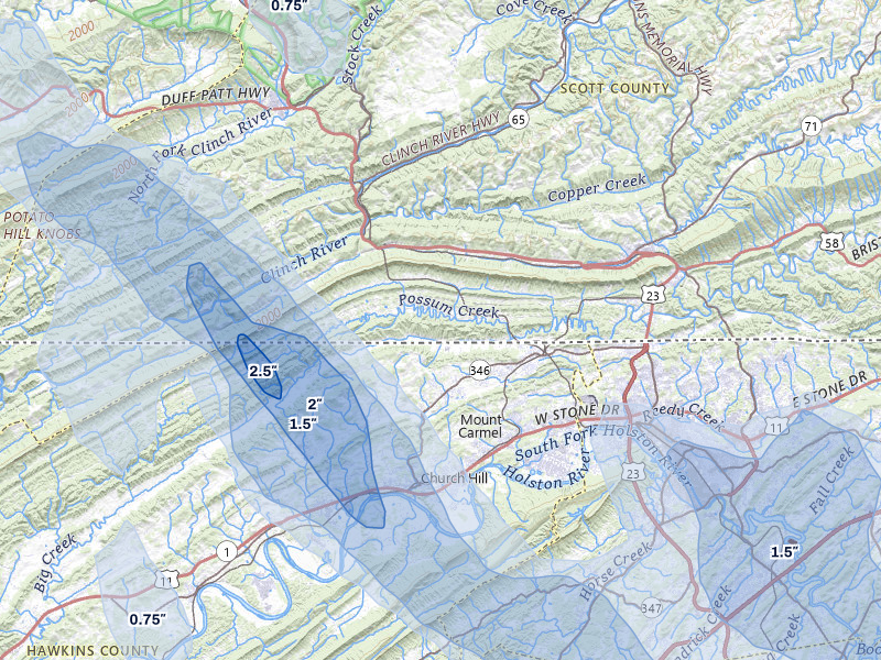 NEXRAD radar-signature map of the hail storm over Gate City, VA on Jul 28, 2026