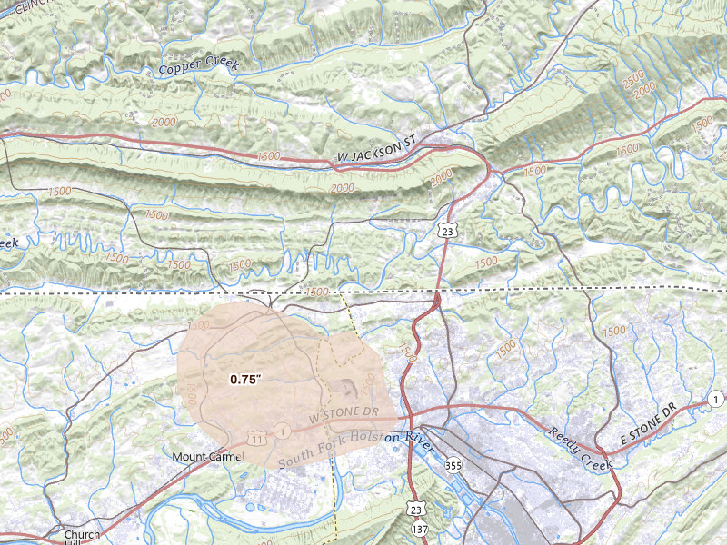 Radar-estimated hail-size map of the storm over Gate City, VA on Aug 17, 2026