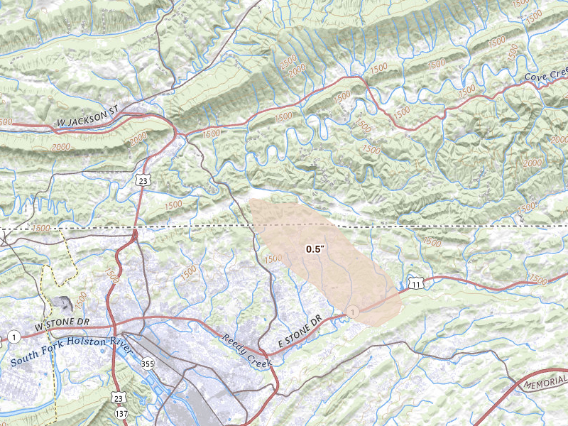 Radar-estimated hail-size map of the storm over Gate City, VA on Aug 22, 2026