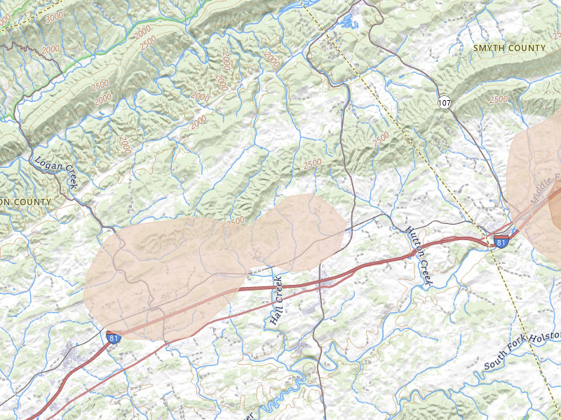 Radar-estimated hail-size map of the storm over Glade Spring, VA on Jul 4, 2026