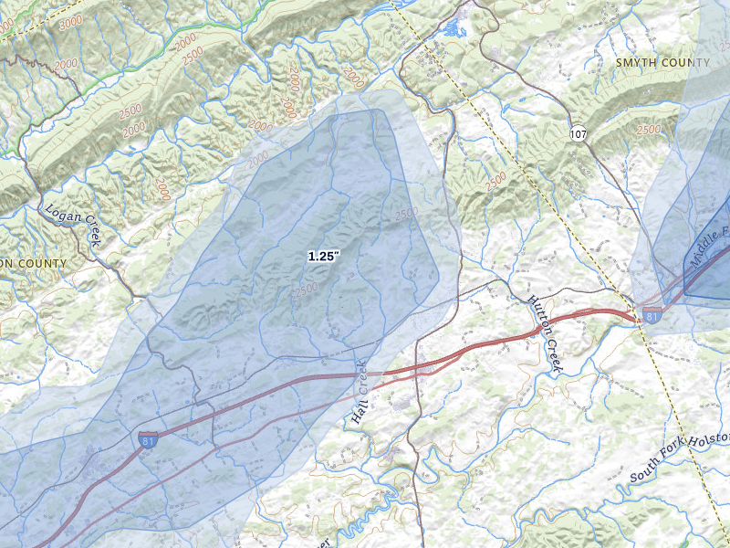 NEXRAD radar-signature map of the hail over Glade Spring, VA