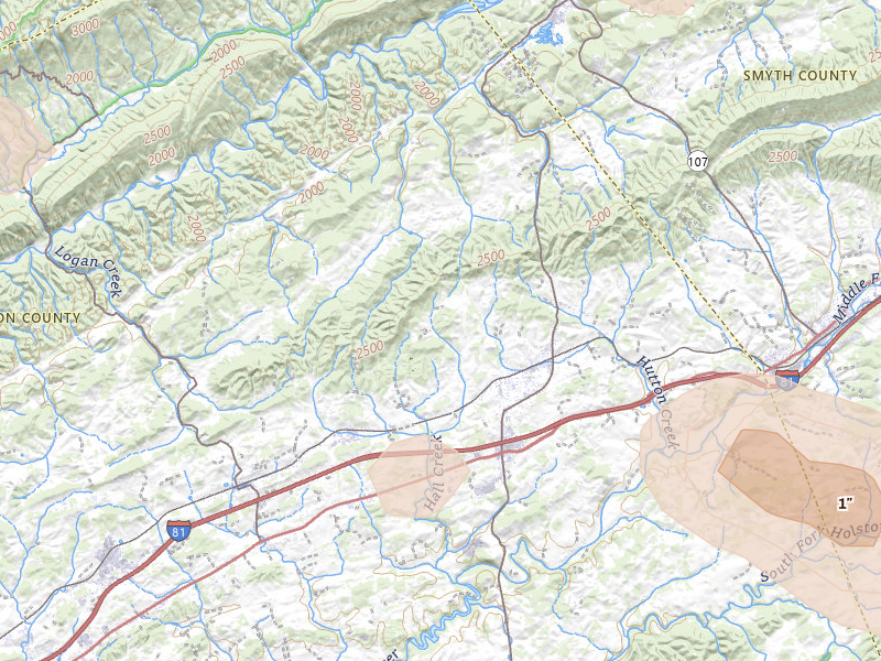 Radar-estimated hail-size map of the storm over Glade Spring, VA on Aug 11, 2026