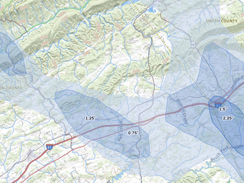 NEXRAD radar-signature map of the hail storm over Glade Spring, VA on Aug 11, 2026