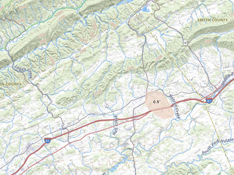 Radar-estimated hail-size map of the storm over Glade Spring, VA on Aug 14, 2026