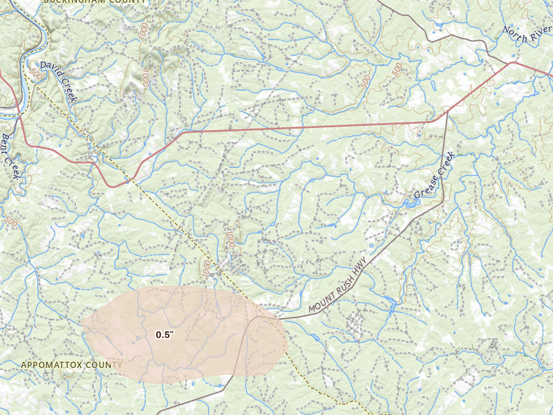 Radar-estimated hail-size map of the storm over Gladstone, VA on May 27, 2026
