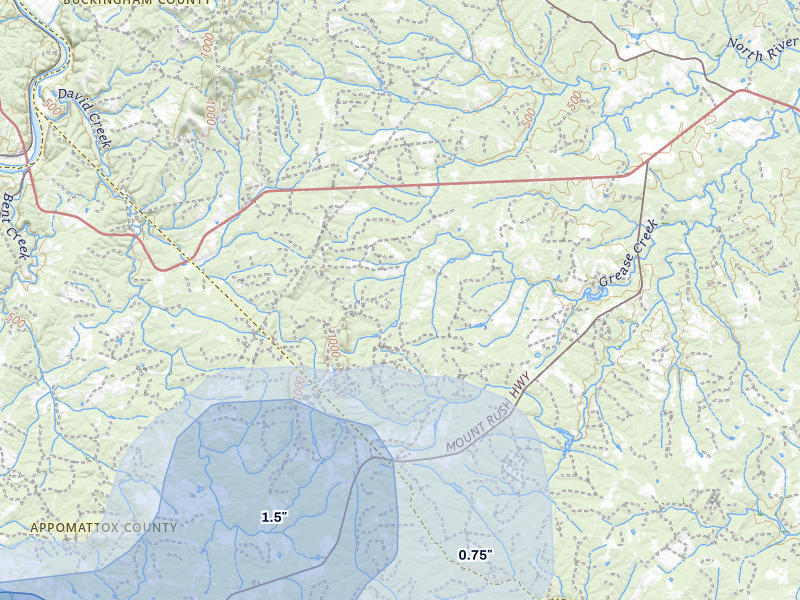 NEXRAD radar-signature map of the hail storm over Gladstone, VA on May 27, 2026