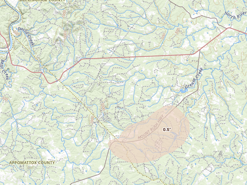 Radar-estimated hail-size map of the storm over Gladstone, VA on Jun 14, 2026