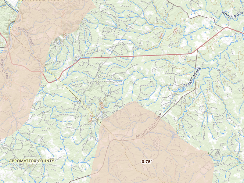 Radar-estimated hail-size map of the storm over Gladstone, VA on Jul 4, 2026