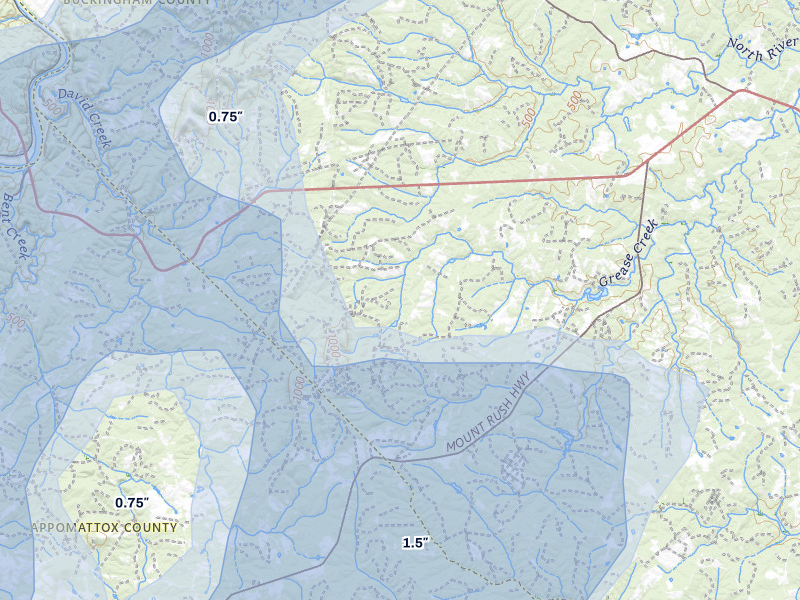 NEXRAD radar-signature map of the hail over Gladstone, VA