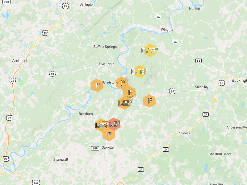 Hail map of Gladstone, VA on Jul 4, 2026, hail up to 1.5"