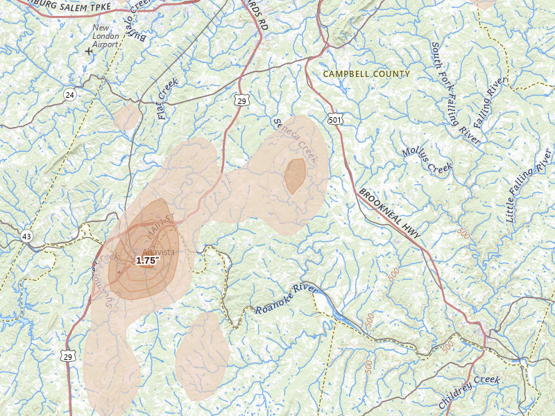 Radar-estimated hail-size map of the storm over Gladys, VA on Jul 4, 2026