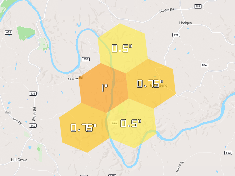 Hail map of Gladys, VA on Jul 4, 2026, hail up to 1"
