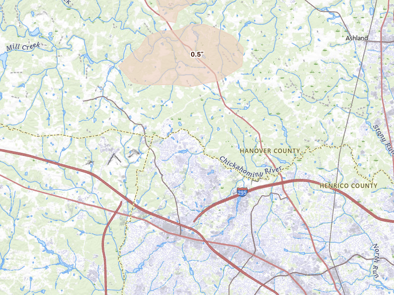 Radar-estimated hail-size map of the storm over Glen Allen, VA on Jun 12, 2026