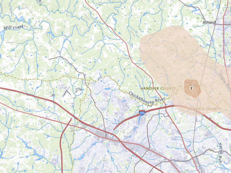 Radar-estimated hail-size map of the storm over Glen Allen, VA on Jul 4, 2026