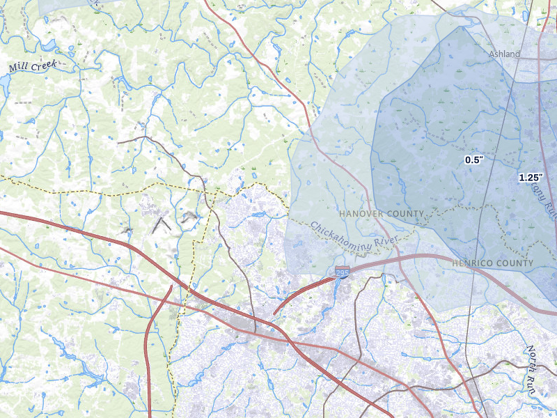 NEXRAD radar-signature map of the hail over Glen Allen, VA