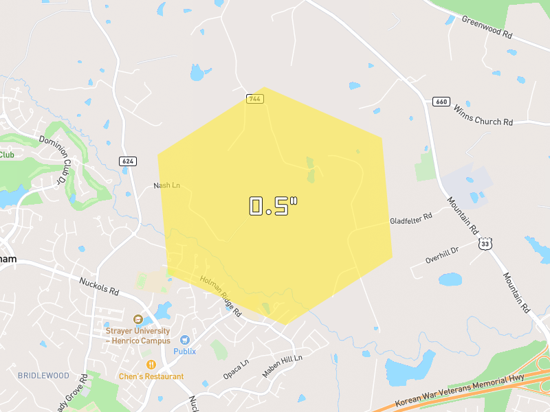 Hail map of Glen Allen, VA on Jul 4, 2026, hail up to 0.5"
