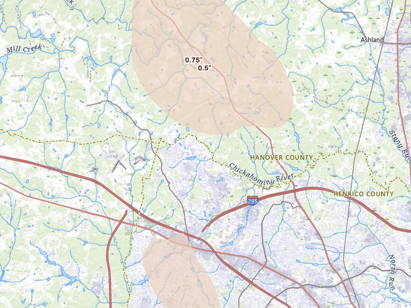 Radar-estimated hail-size map of the storm over Glen Allen, VA on Jul 26, 2026
