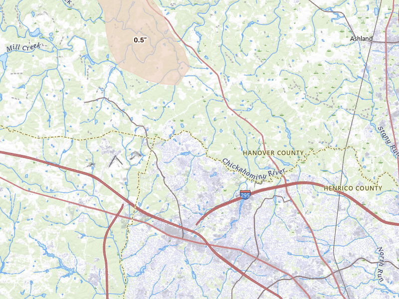 Radar-estimated hail-size map of the storm over Glen Allen, VA on Jul 28, 2026